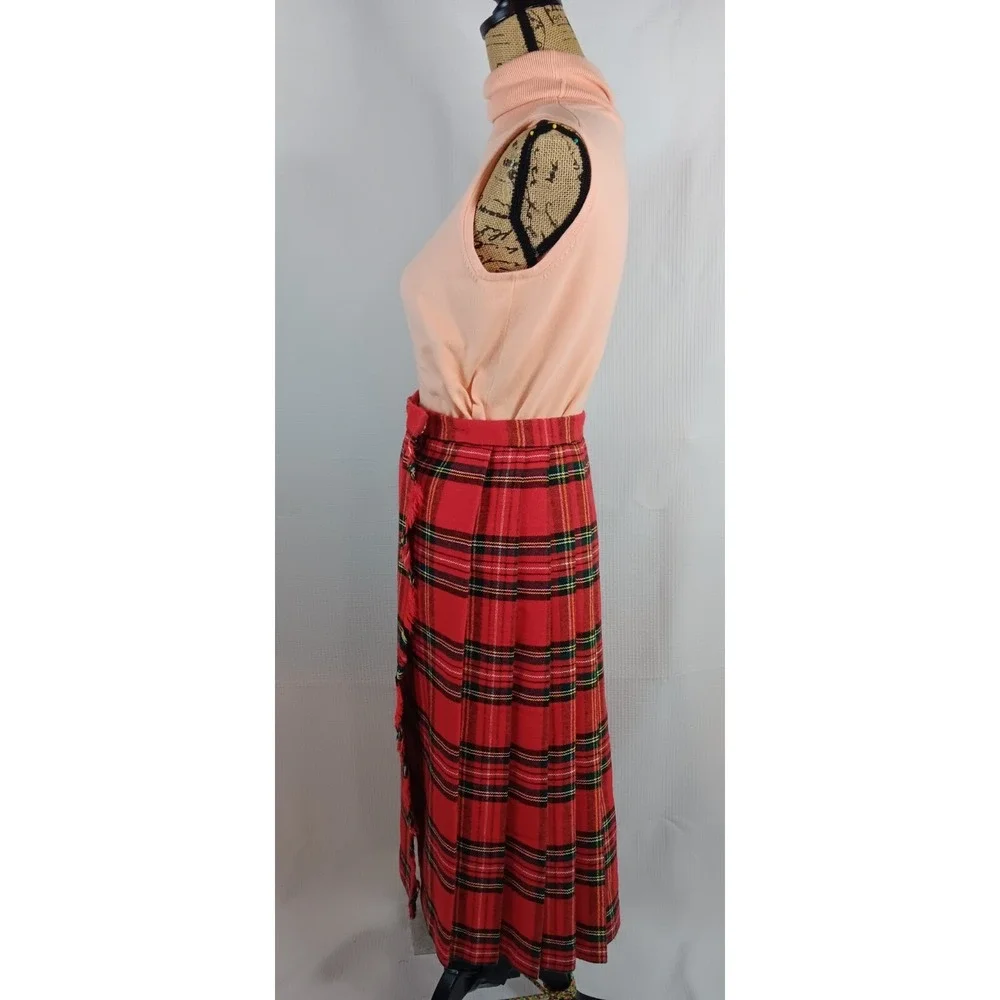 Pleated Tartan Checkered‎ Red Plaid Round Long A-Line Wrap Skirt Sm - Med AA439